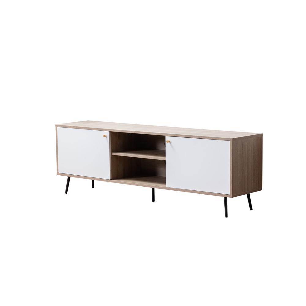 Aurora Light Brown Wood Finish TV Stand with 2 White Cabinets and Modular Shelves. Picture 2