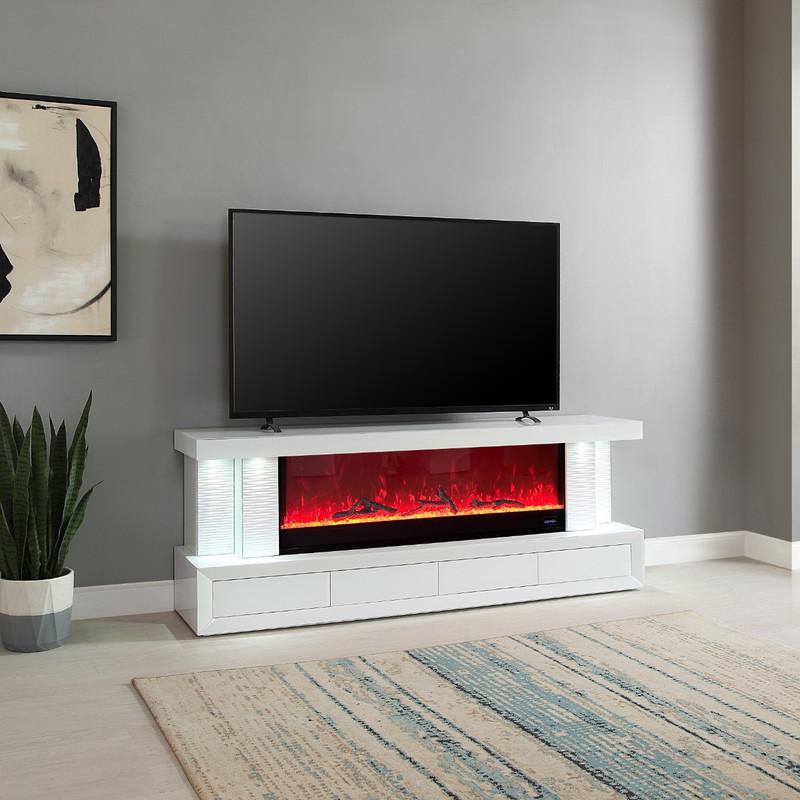 Spencer White Finish TV Stand with Fireplace and Speaker. Picture 4