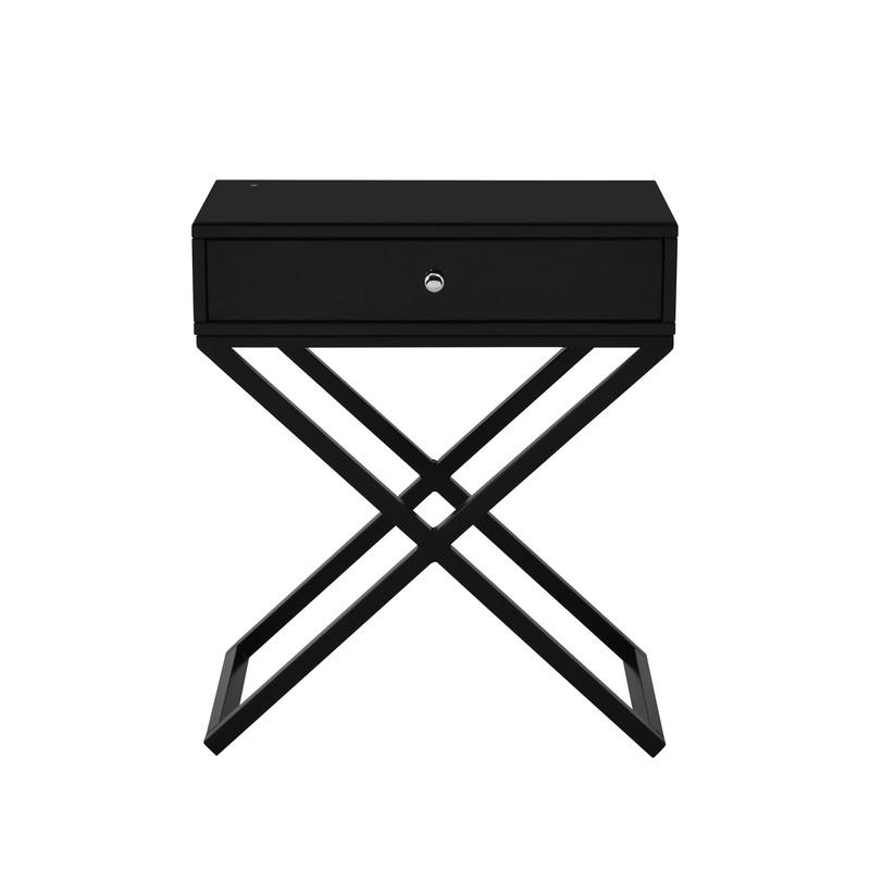 Koda Black Wooden End Side Table Nightstand with Glass Top, Drawer and Metal Cross Base. Picture 2
