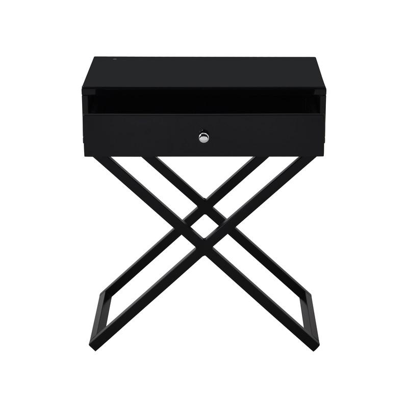 Koda Black Wooden End Side Table Nightstand with Glass Top, Drawer and Metal Cross Base. Picture 3