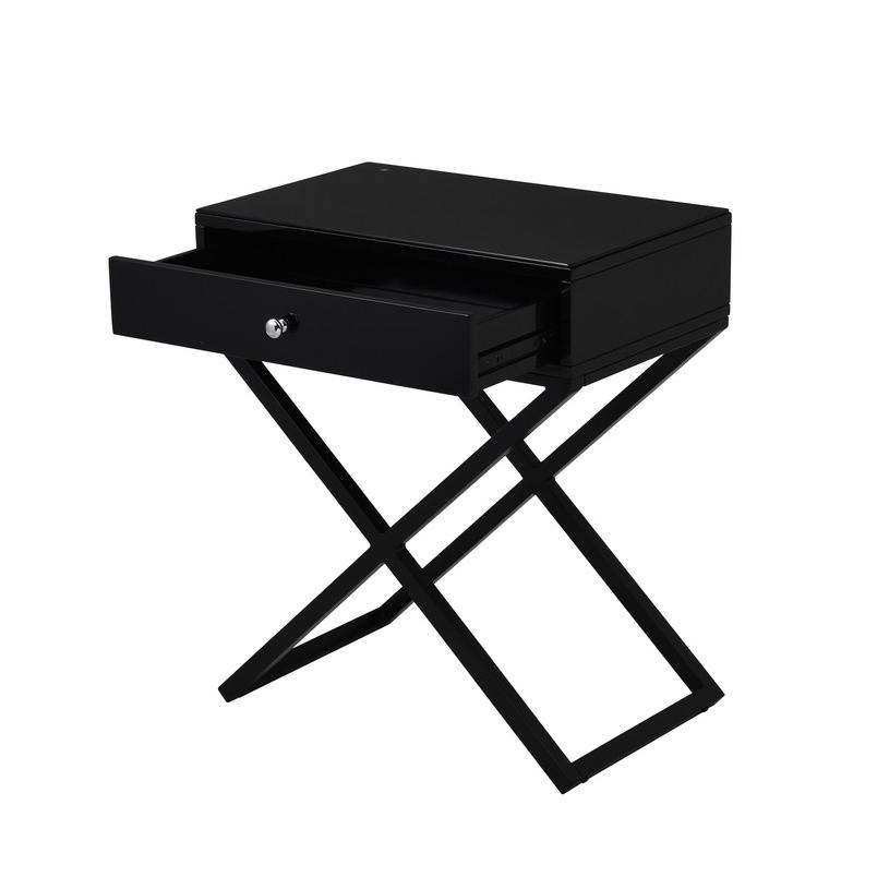 Koda Black Wooden End Side Table Nightstand with Glass Top, Drawer and Metal Cross Base. Picture 5