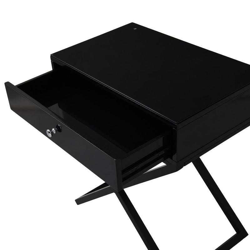 Koda Black Wooden End Side Table Nightstand with Glass Top, Drawer and Metal Cross Base. Picture 6