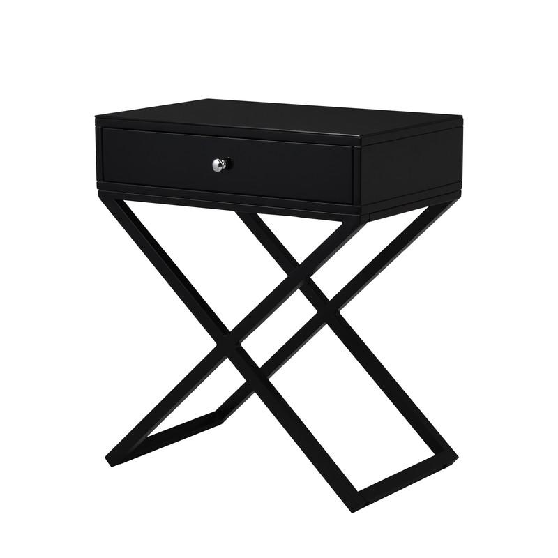 Koda Black Wooden End Side Table Nightstand with Glass Top, Drawer and Metal Cross Base. Picture 1