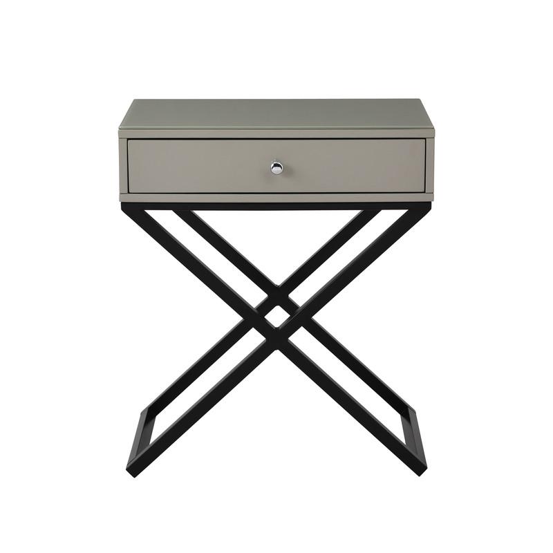Koda Taupe Wooden End Side Table Nightstand with Glass Top, Drawer and Metal Cross Base. Picture 2
