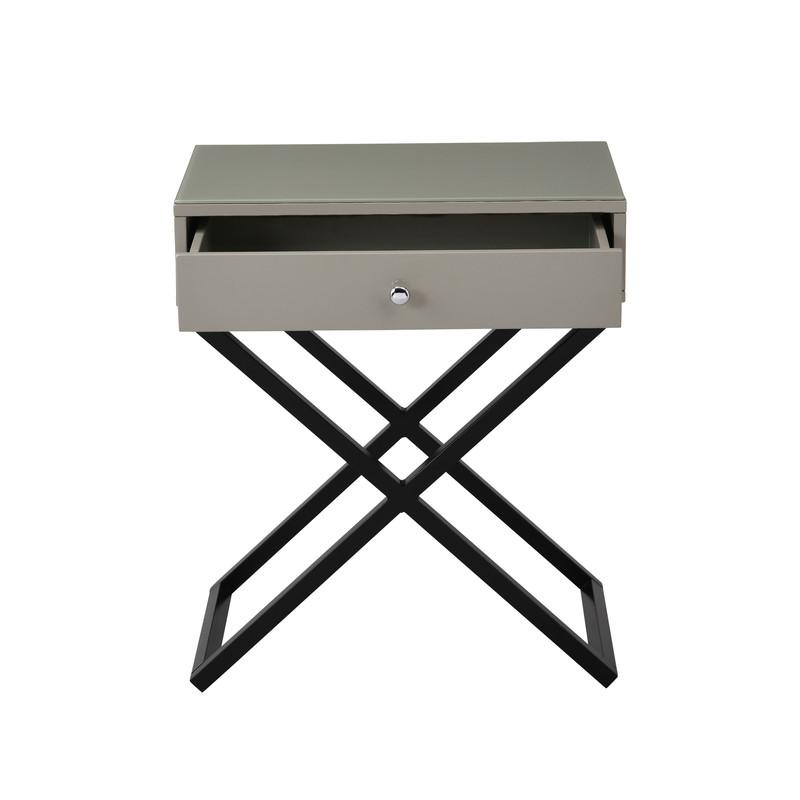 Koda Taupe Wooden End Side Table Nightstand with Glass Top, Drawer and Metal Cross Base. Picture 3