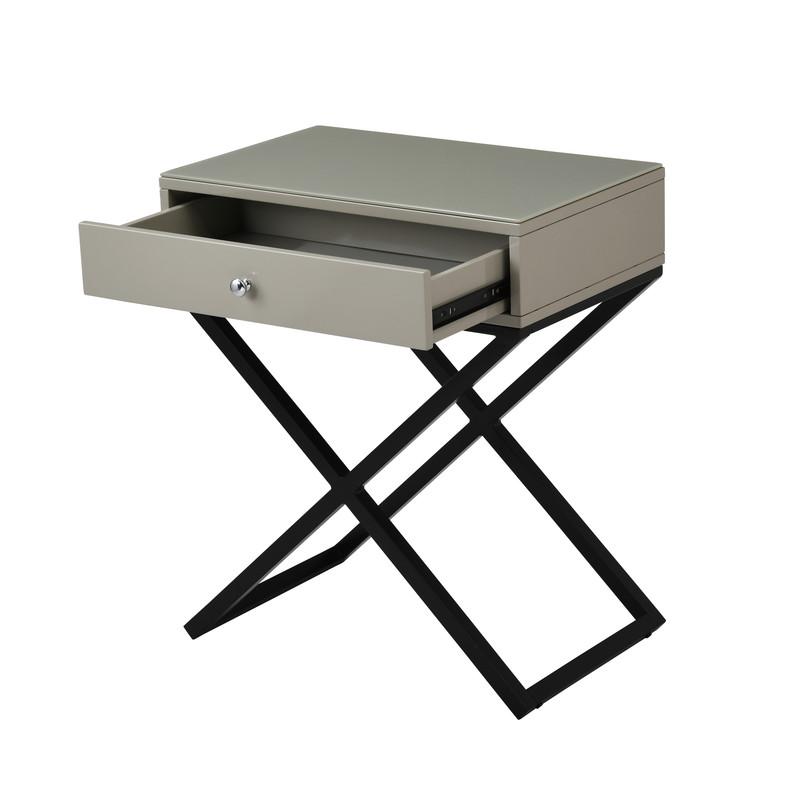 Koda Taupe Wooden End Side Table Nightstand with Glass Top, Drawer and Metal Cross Base. Picture 5