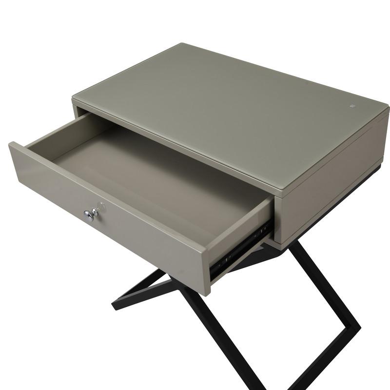 Koda Taupe Wooden End Side Table Nightstand with Glass Top, Drawer and Metal Cross Base. Picture 6