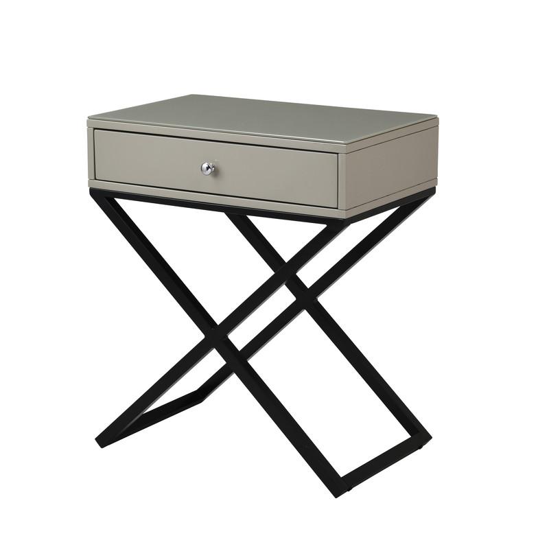 Koda Taupe Wooden End Side Table Nightstand with Glass Top, Drawer and Metal Cross Base. Picture 1