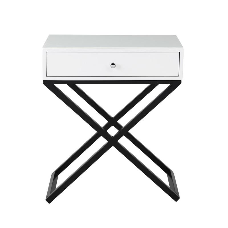 Koda White Wooden End Side Table Nightstand with Glass Top, Drawer and Metal Cross Base. Picture 2