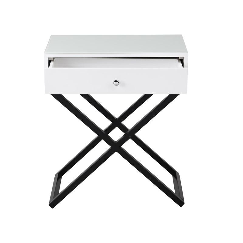 Koda White Wooden End Side Table Nightstand with Glass Top, Drawer and Metal Cross Base. Picture 3