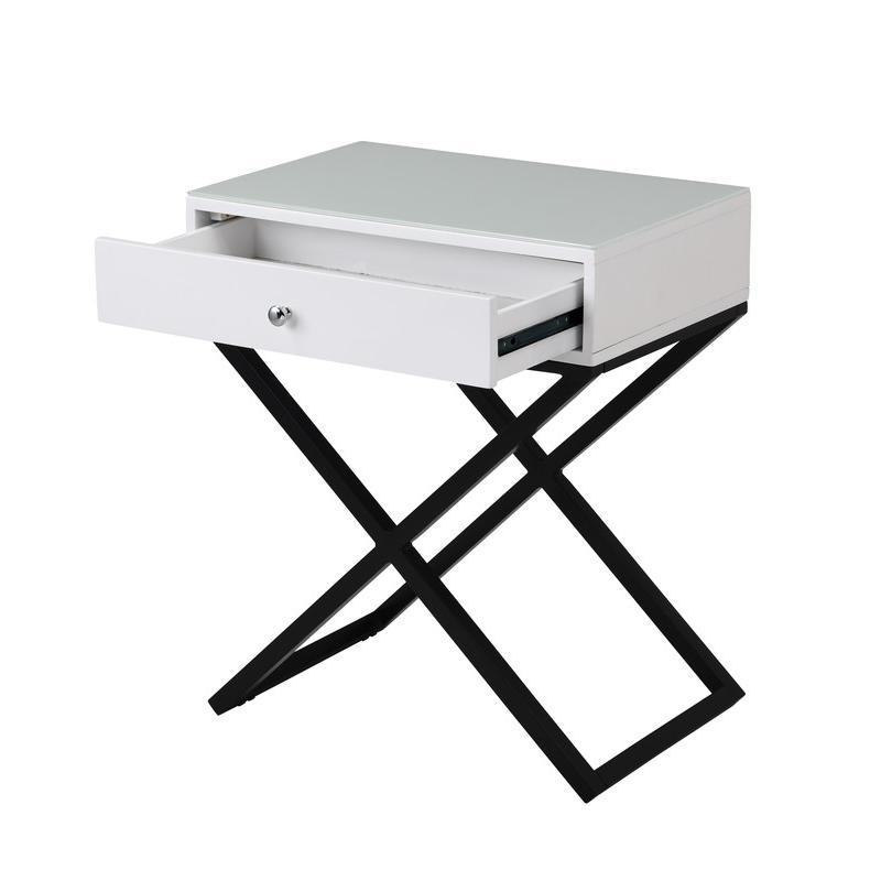 Koda White Wooden End Side Table Nightstand with Glass Top, Drawer and Metal Cross Base. Picture 5