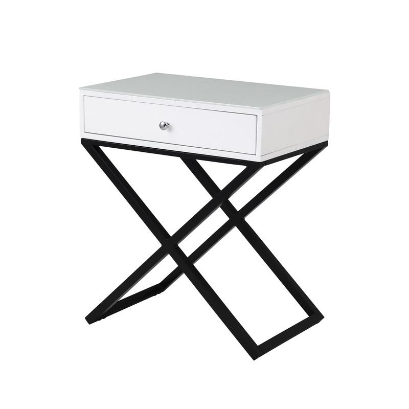 Koda White Wooden End Side Table Nightstand with Glass Top, Drawer and Metal Cross Base. Picture 1