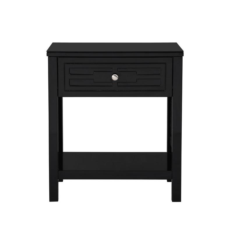 Dylan Black Wooden End Side Table Nightstand with Glass Top and Drawer. Picture 2