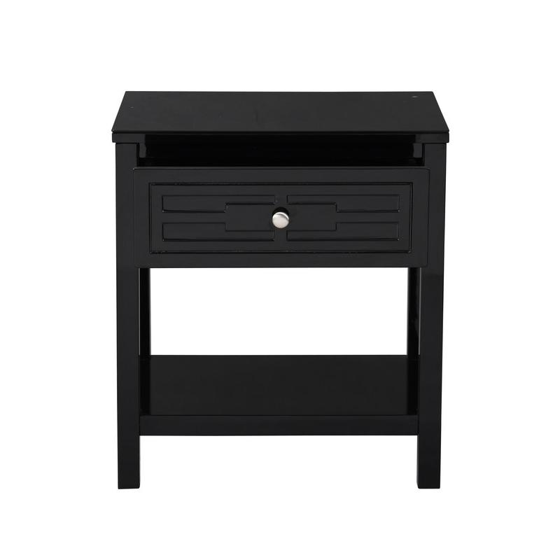 Dylan Black Wooden End Side Table Nightstand with Glass Top and Drawer. Picture 3