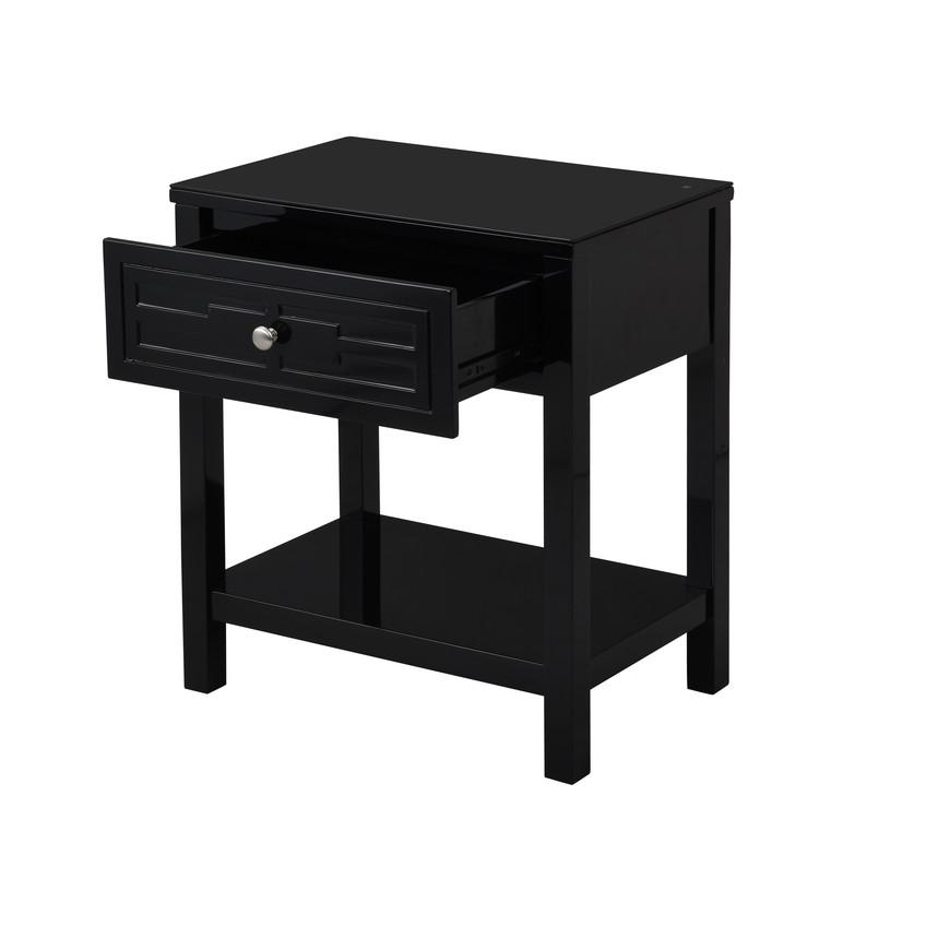 Dylan Black Wooden End Side Table Nightstand with Glass Top and Drawer. Picture 5