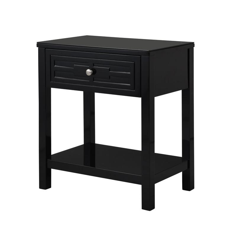 Dylan Black Wooden End Side Table Nightstand with Glass Top and Drawer. Picture 1