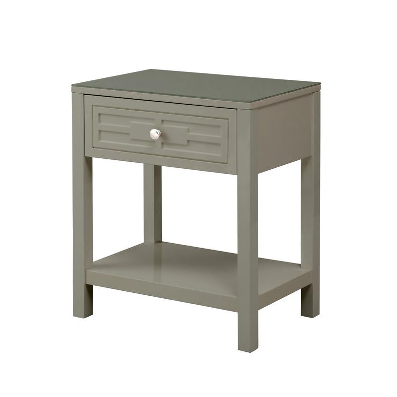 Dylan Taupe Wooden End Side Table Nightstand with Glass Top and Drawer. Picture 1