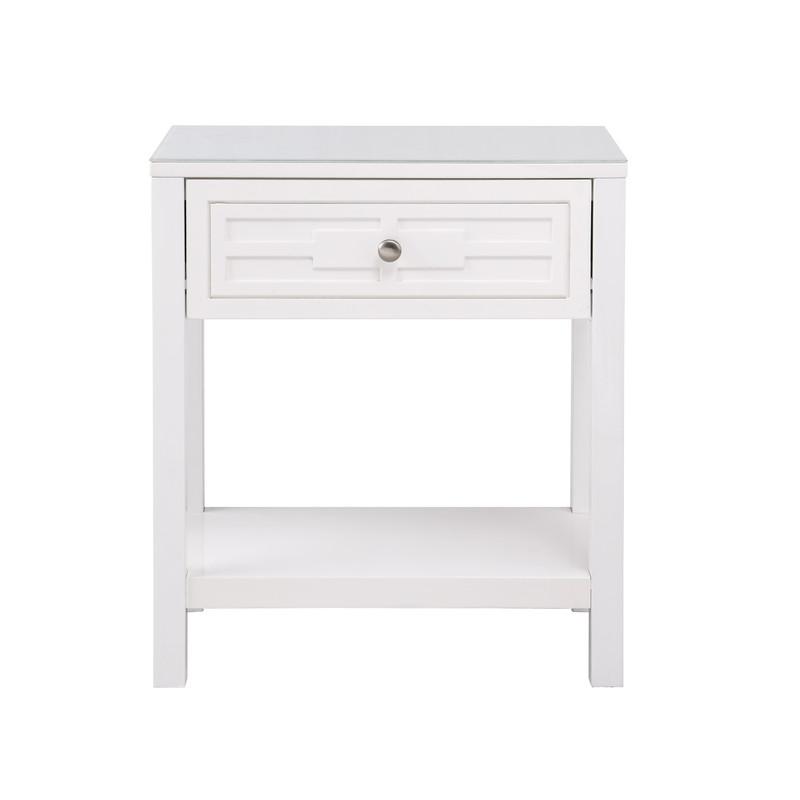 Dylan White Wooden End Side Table Nightstand with Glass Top and Drawer. Picture 2
