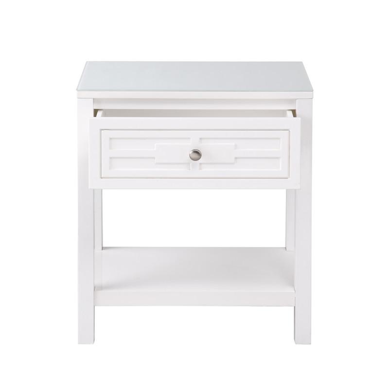 Dylan White Wooden End Side Table Nightstand with Glass Top and Drawer. Picture 4