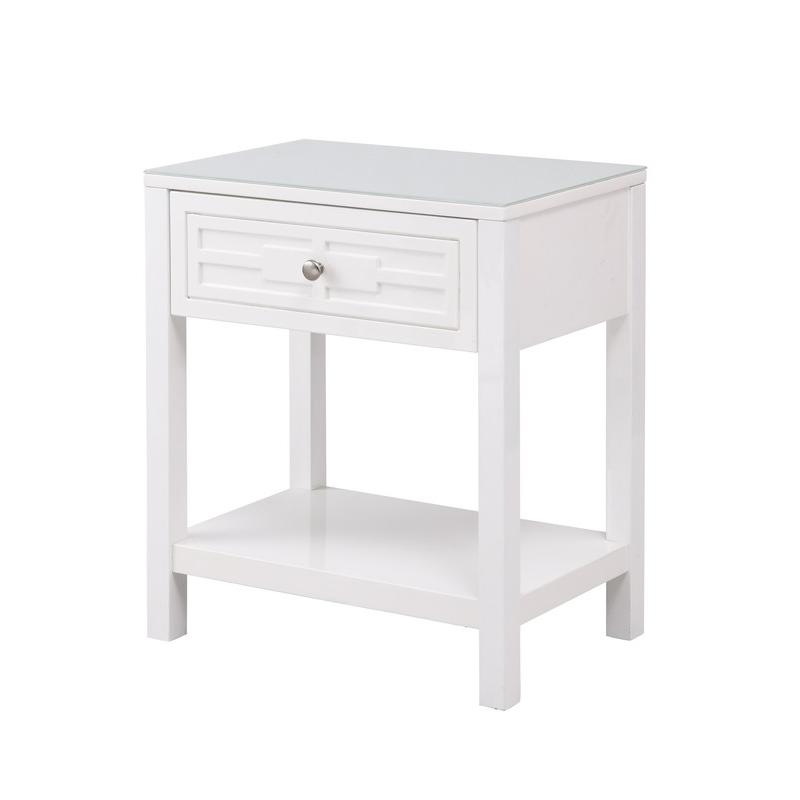 Dylan White Wooden End Side Table Nightstand with Glass Top and Drawer. Picture 1