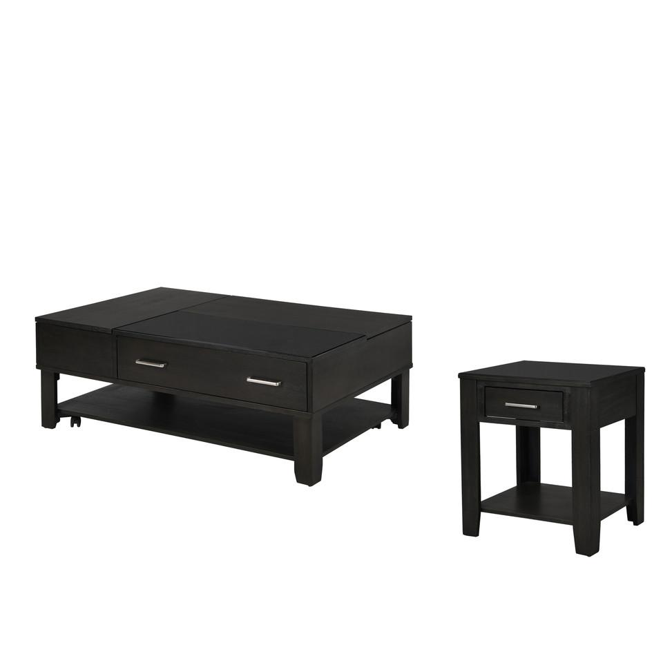 Bruno 2 Piece Ash Gray Wooden Lift Top Coffee and End Table Set with Tempered Glass Top and Drawer. Picture 1