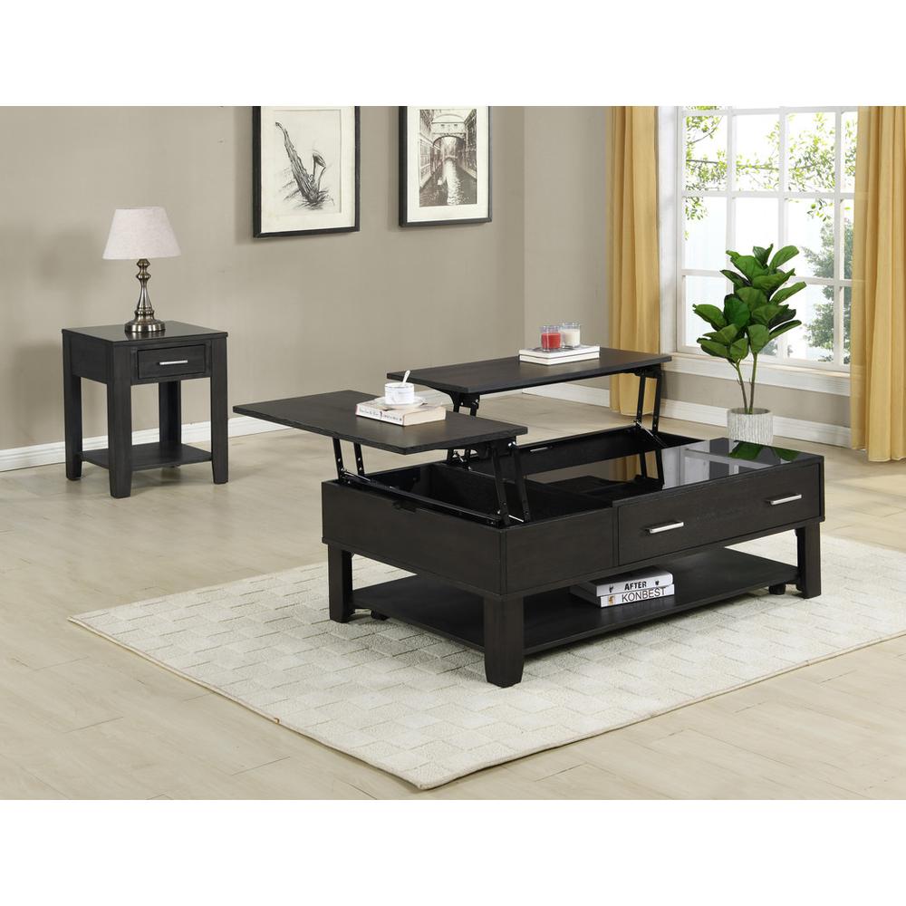Bruno 2 Piece Ash Gray Wooden Lift Top Coffee and End Table Set with Tempered Glass Top and Drawer. Picture 4