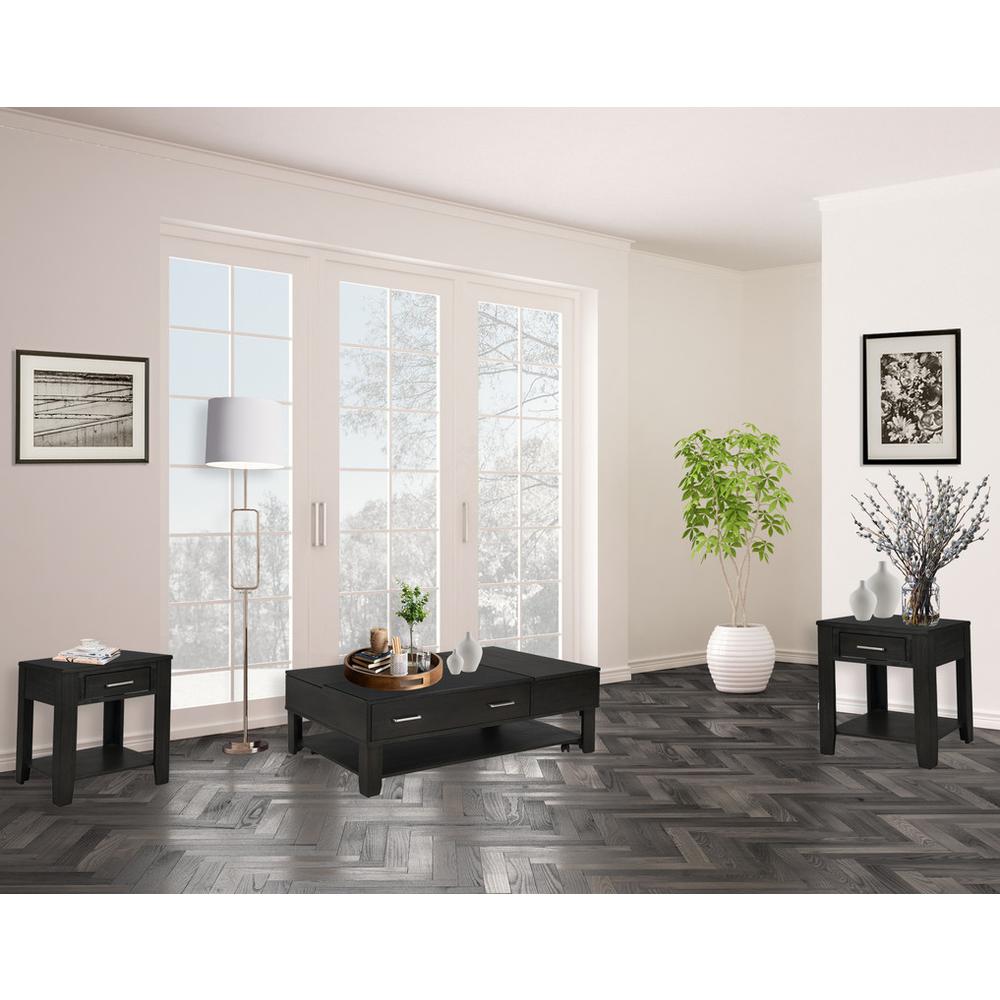 Bruno 3 Piece Ash Gray Wooden Lift Top Coffee and End Table Set with Tempered Glass Top and Drawer. Picture 4
