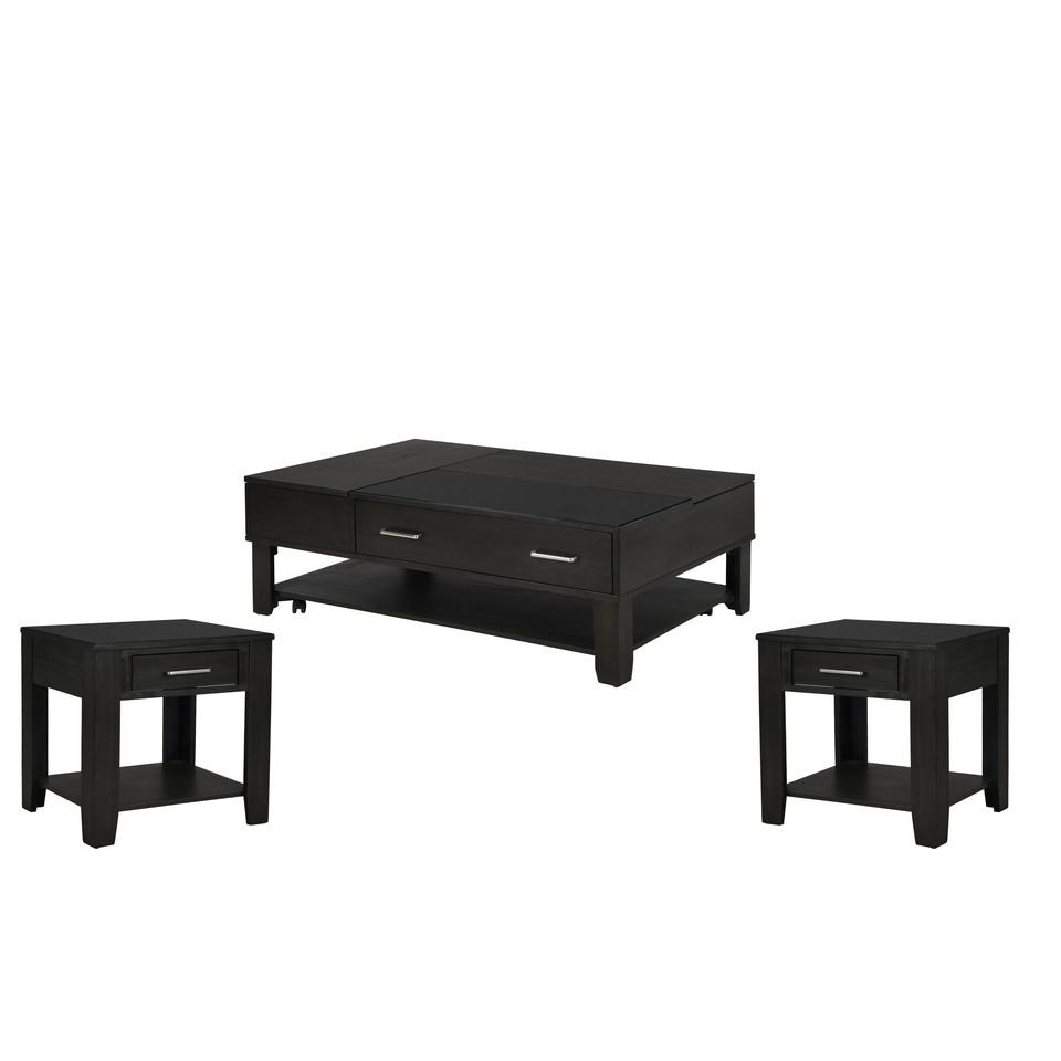 Bruno 3 Piece Ash Gray Wooden Lift Top Coffee and End Table Set with Tempered Glass Top and Drawer. Picture 1