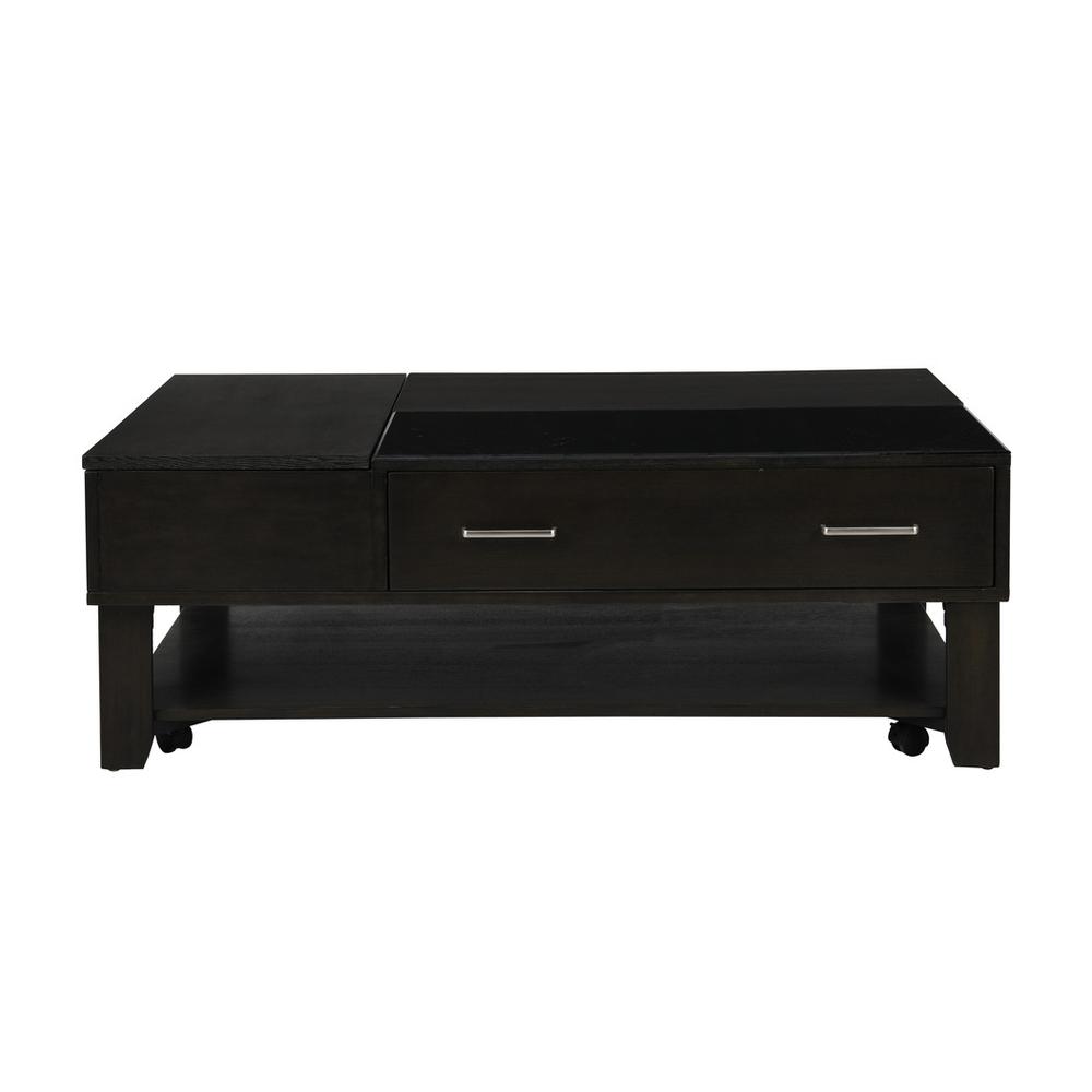 Bruno Ash Gray Wooden Lift Top Coffee Table with Tempered Glass Top and Drawer. Picture 3