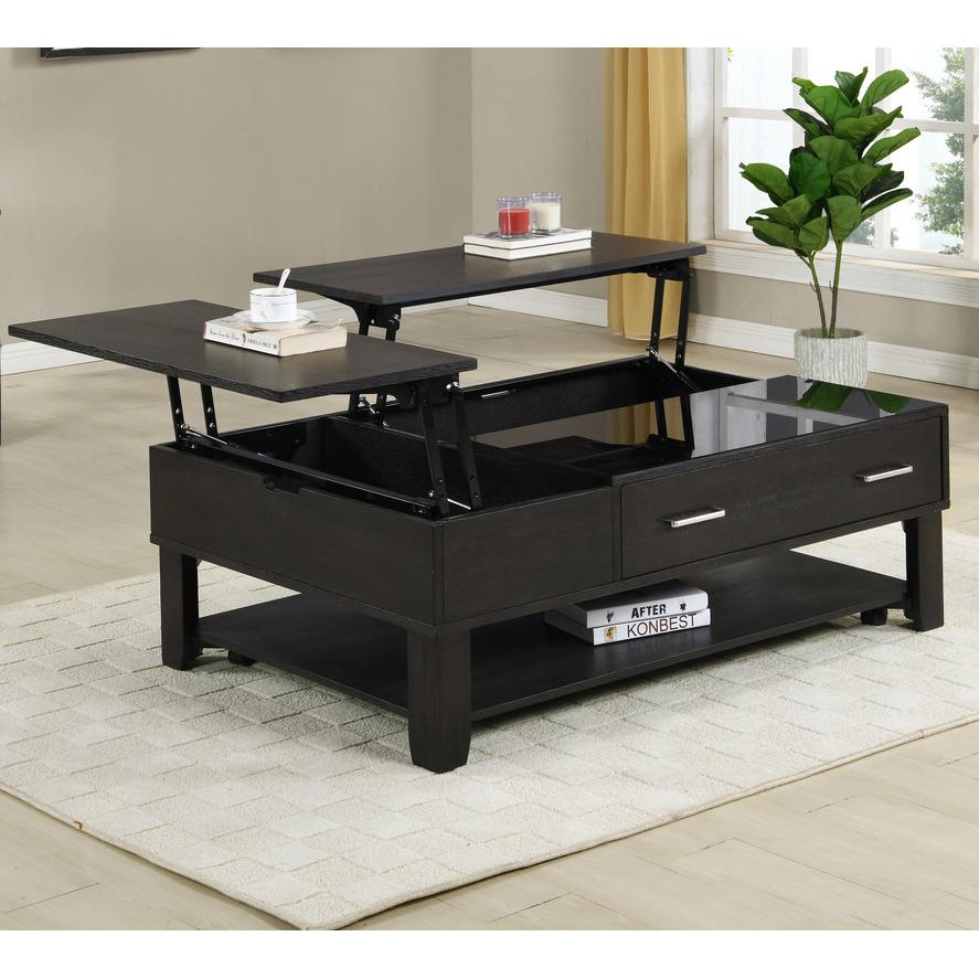 Bruno Ash Gray Wooden Lift Top Coffee Table with Tempered Glass Top and Drawer. Picture 1