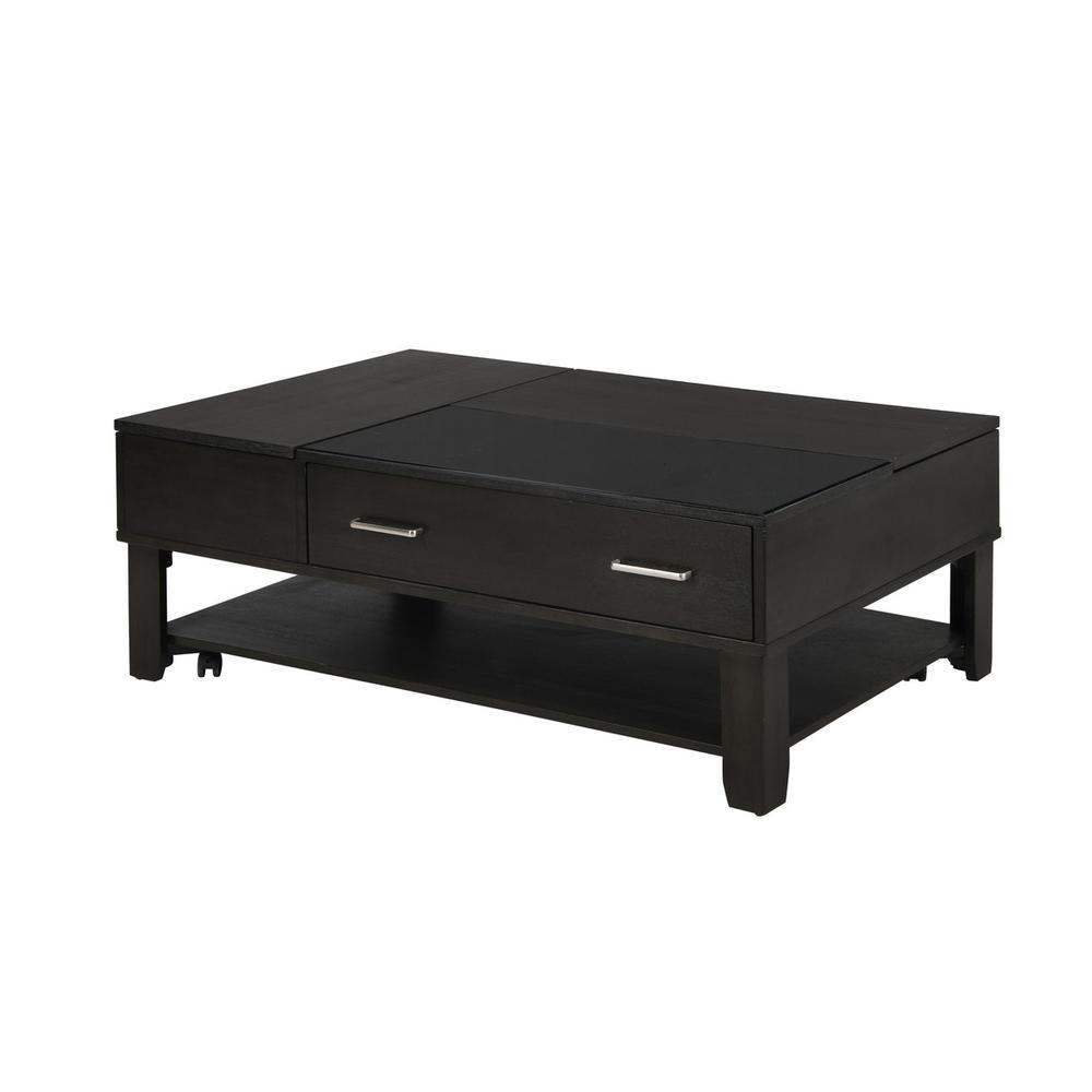Bruno Ash Gray Wooden Lift Top Coffee Table with Tempered Glass Top and Drawer. Picture 2