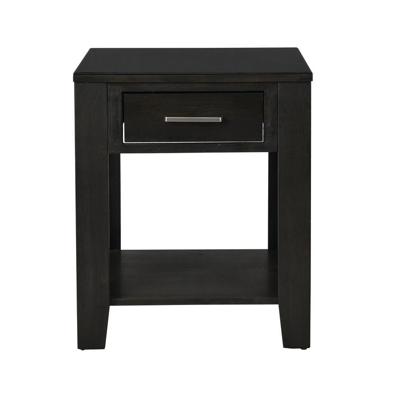 Bruno Ash Gray Wooden End Table with Tempered Glass Top and Drawer. Picture 2