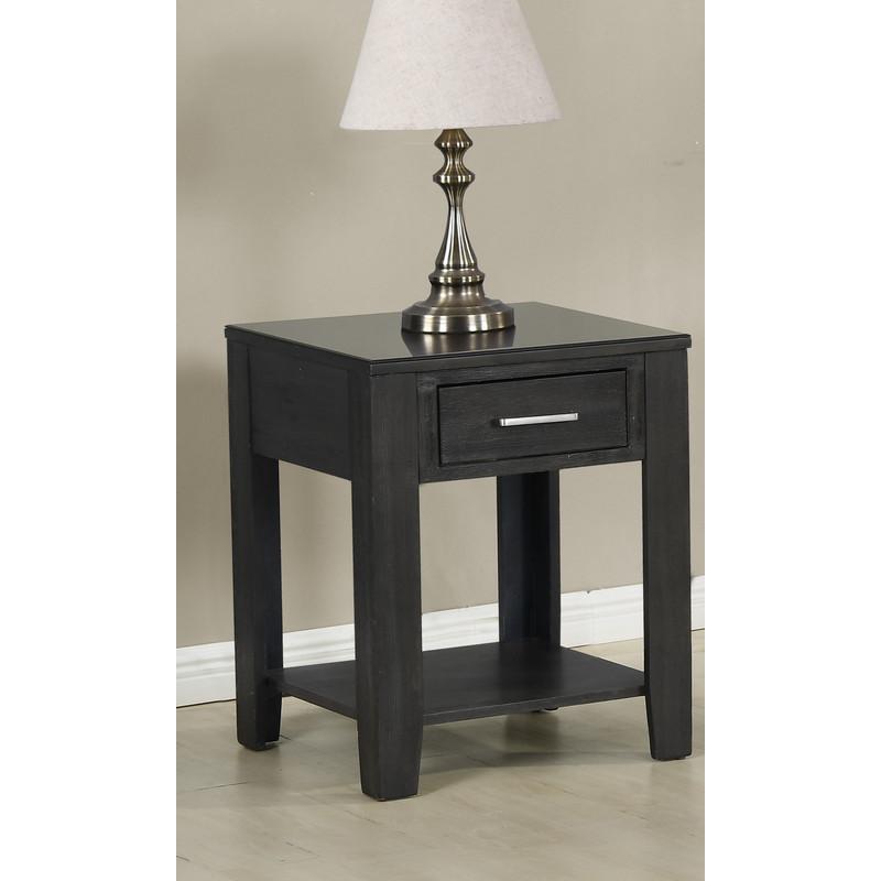 Bruno Ash Gray Wooden End Table with Tempered Glass Top and Drawer. Picture 4