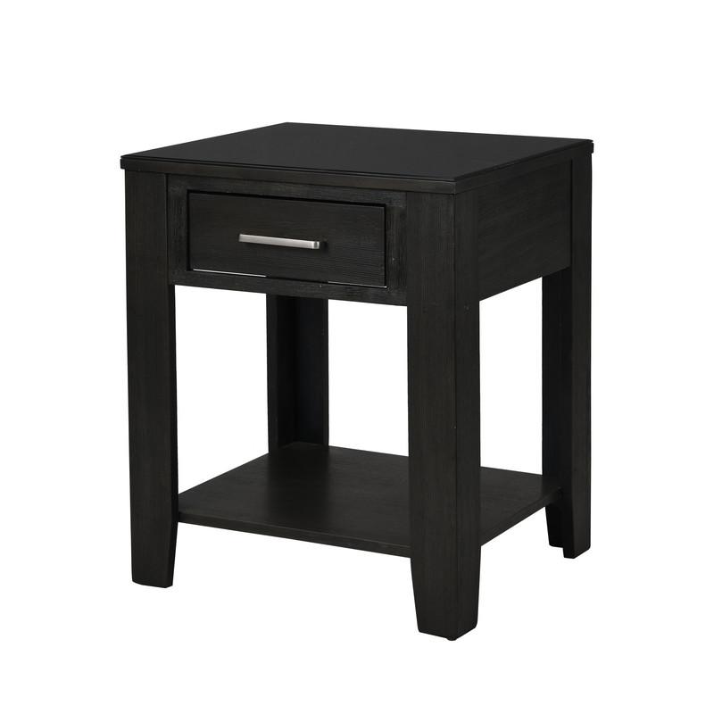 Bruno Ash Gray Wooden End Table with Tempered Glass Top and Drawer. Picture 1