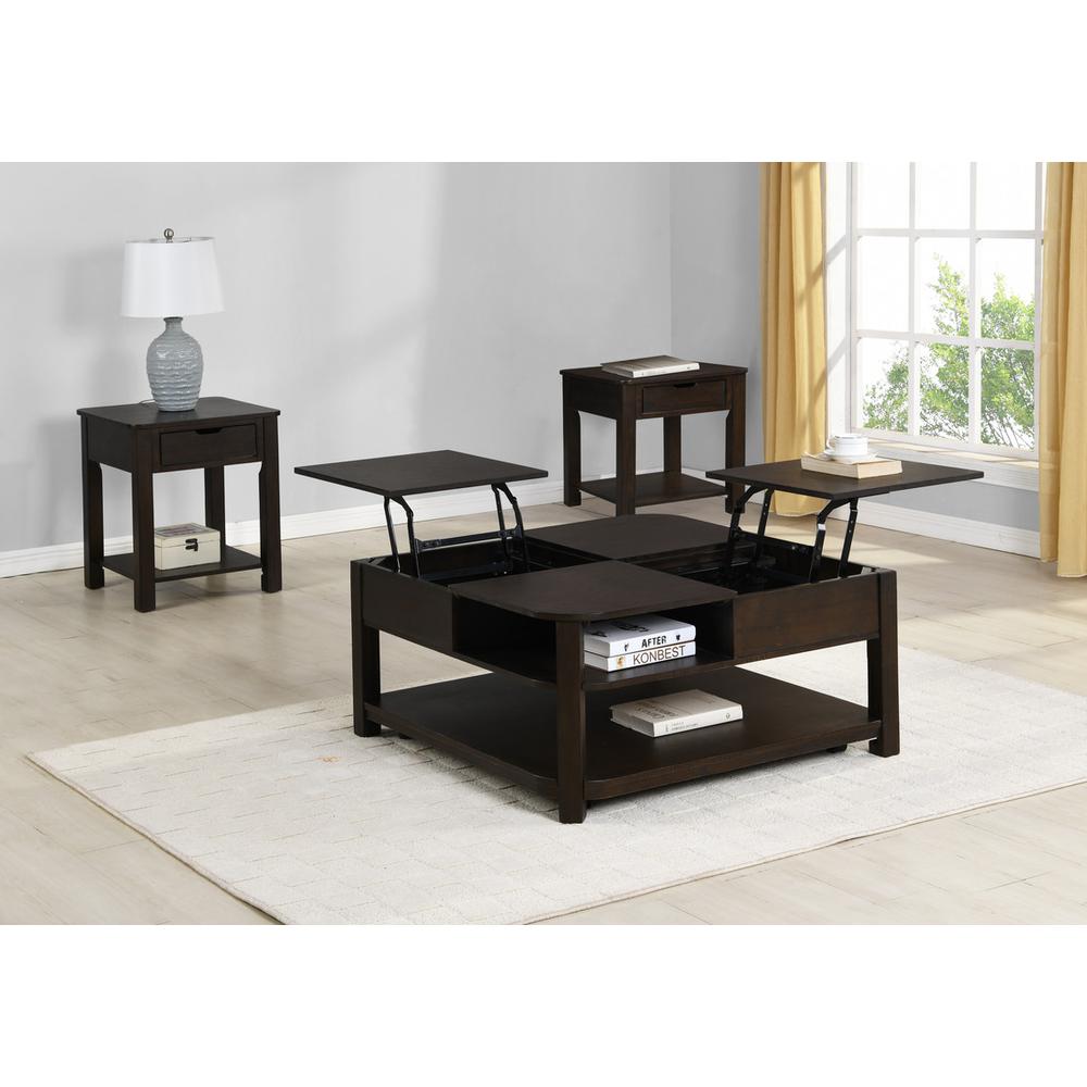 Flora 3 Piece Dark Brown MDF Lift Top Coffee and End Table Set. Picture 4