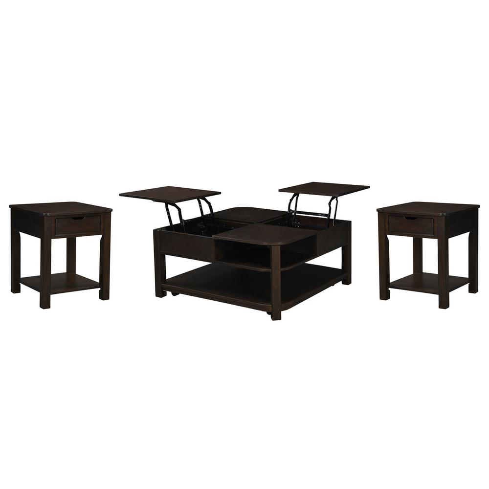 Flora 3 Piece Dark Brown MDF Lift Top Coffee and End Table Set. Picture 1
