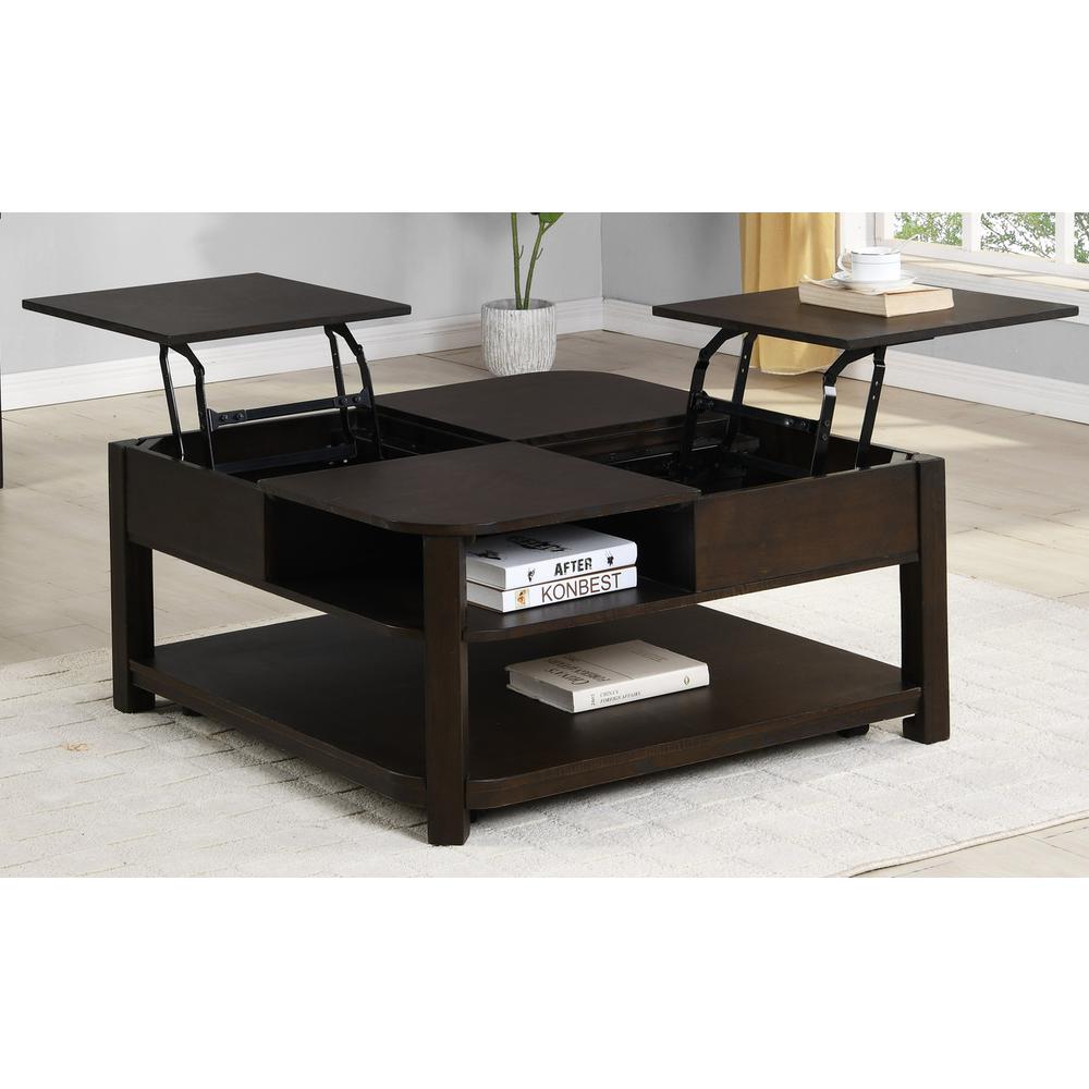 Flora Dark Brown MDF Lift Top Coffee Table with Shelves. Picture 1