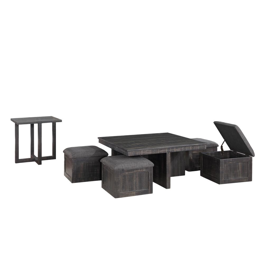 Moseberg Gray Oak Coffee Table with Storage Stools and End Table Set. Picture 1