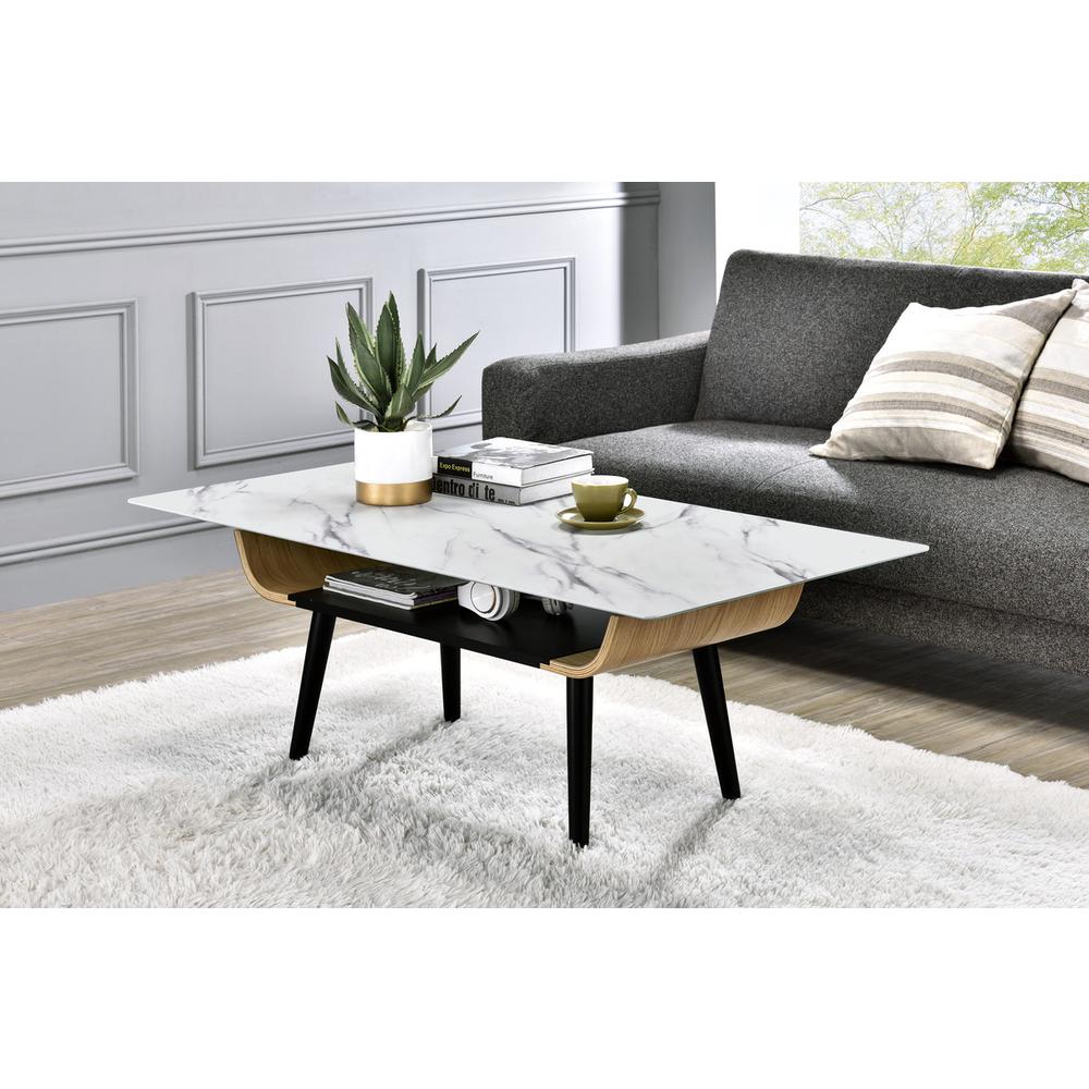 Landon Coffee Table with Glass White Marble Texture Top and Bent Wood Design. Picture 4