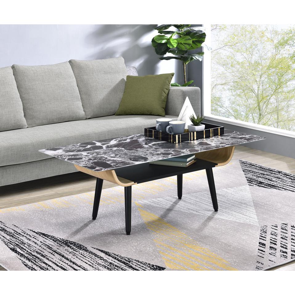 Landon Coffee Table with Glass Black Marble Texture Top and Bent Wood Design. Picture 4