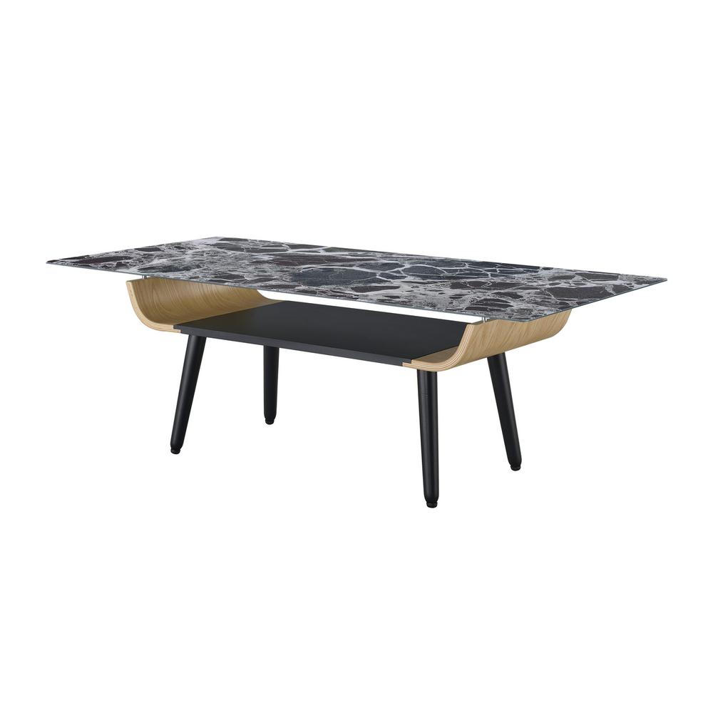 Landon Coffee Table with Glass Black Marble Texture Top and Bent Wood Design. Picture 1