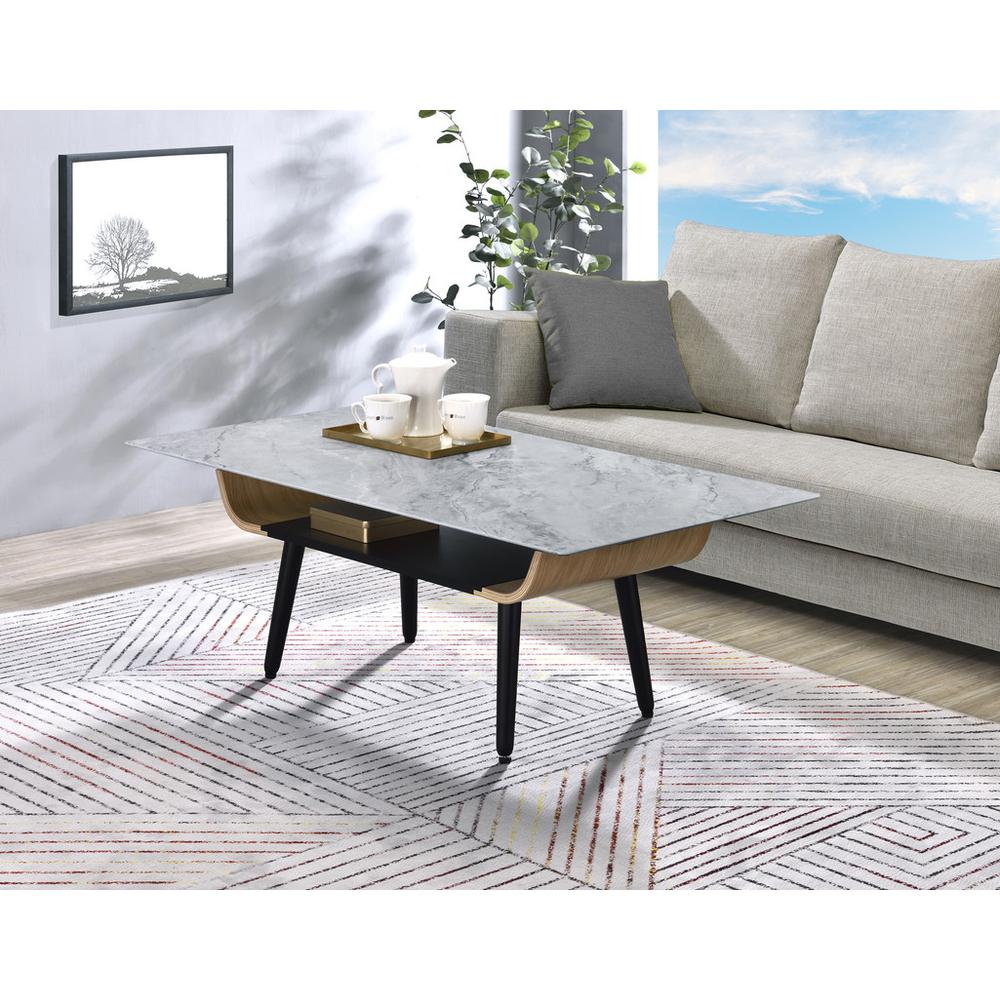 Landon Coffee Table with Glass Gray Marble Texture Top and Bent Wood Design. Picture 4