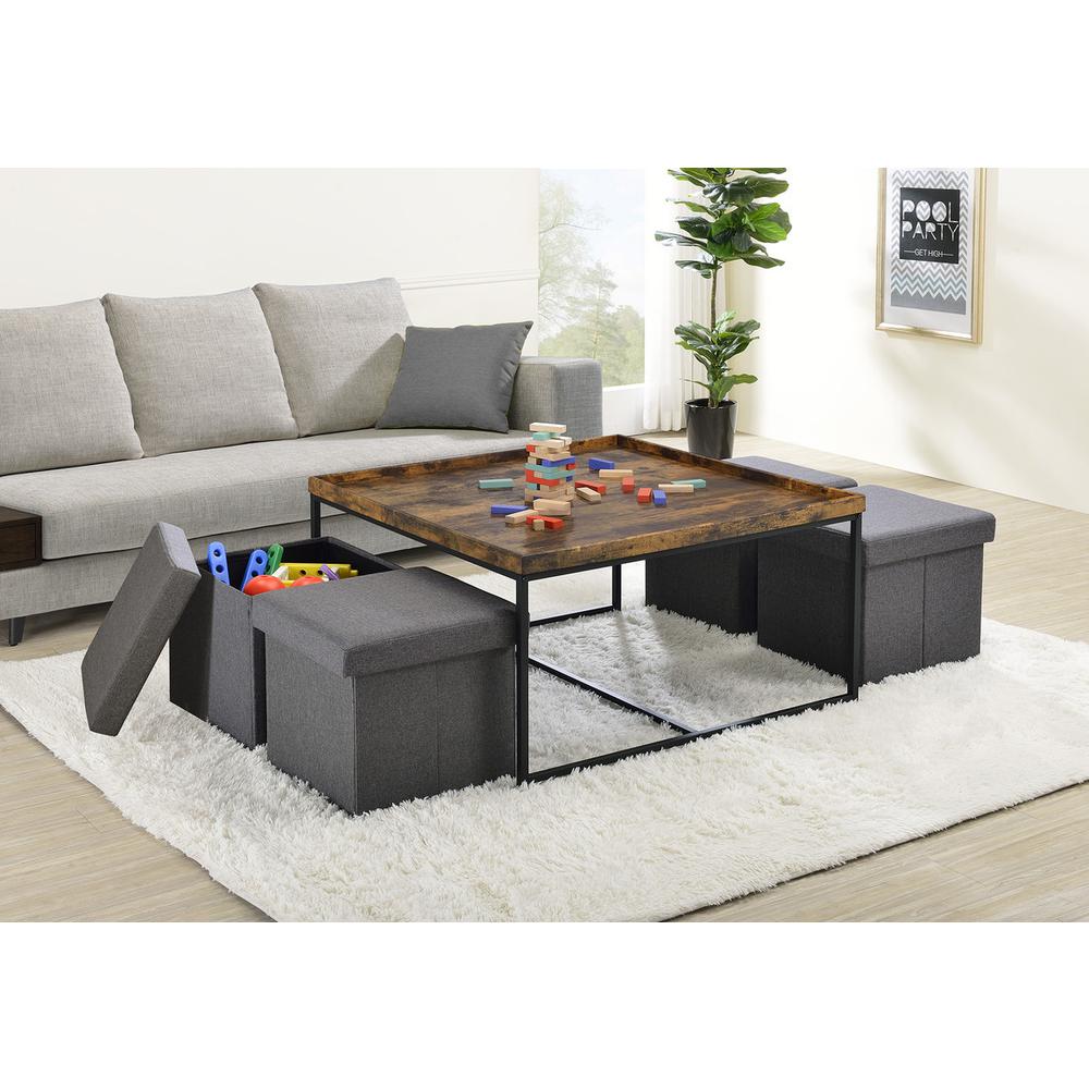 Vinny Weathered Oak Wood Grain 5 Piece Coffee Table Set with Raised Edges. Picture 4