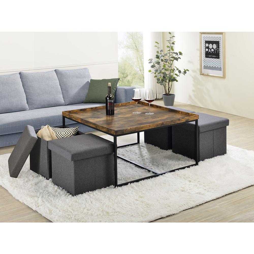 Vinny Weathered Oak Wood Grain 5 Piece Coffee Table Set with Raised Edges. Picture 2