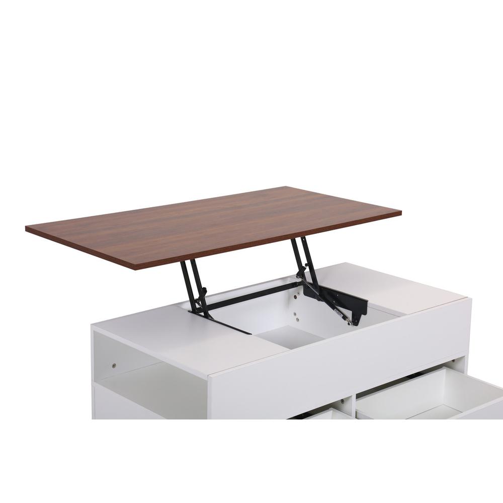 Luna White Coffee Table with Brown Walnut Finish Lift Top, 2 Drawers, and 2 Shelves. Picture 9