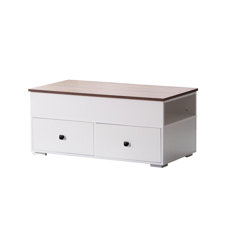 Luna White Coffee Table with Brown Walnut Finish Lift Top, 2 Drawers, and 2 Shelves. Picture 1