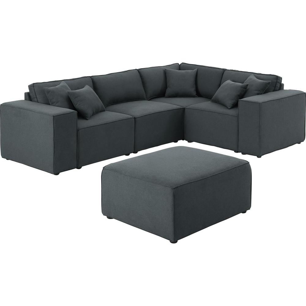LILOLA Melrose Modular Sectional Sofa with Ottoman in Dark Gray Linen. The main picture.