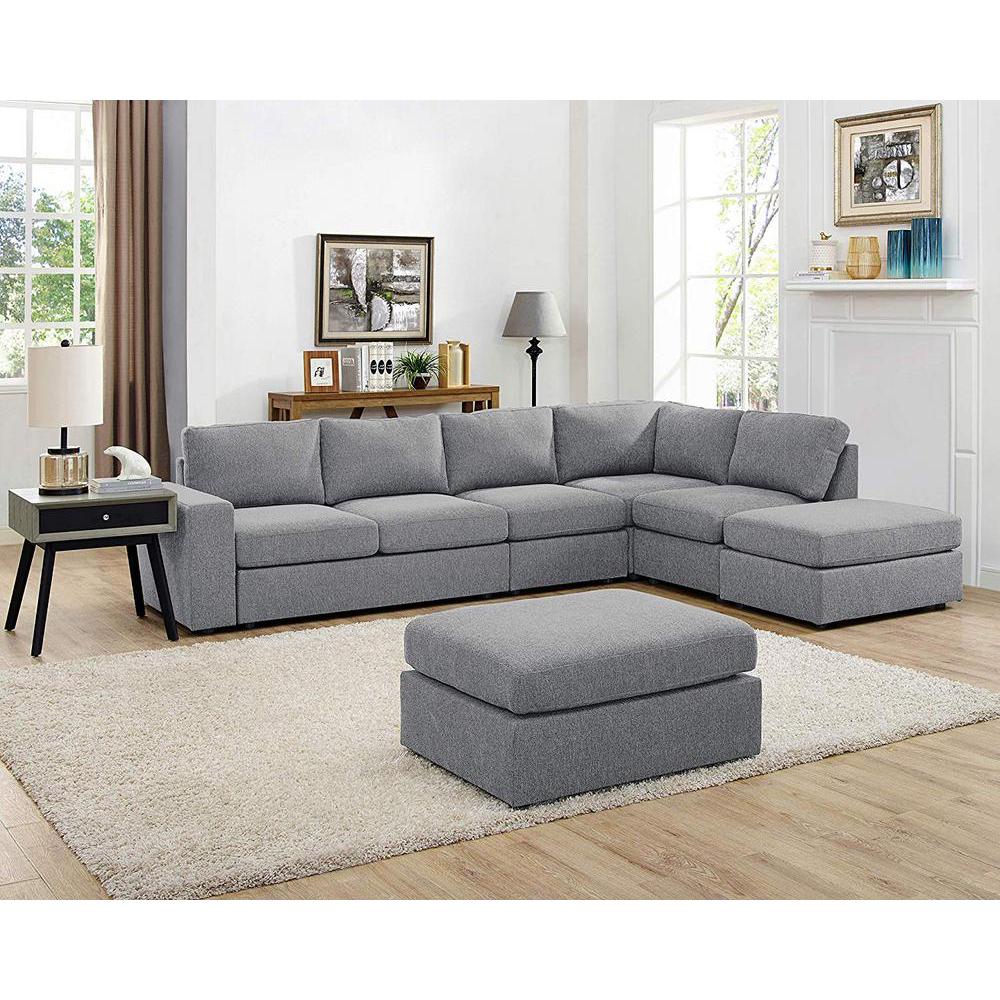Cassia Light Gray Linen 7 Seat Reversible Modular Sectional Sofa with Ottoman. The main picture.
