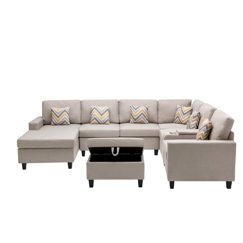 Nolan Beige Linen Fabric 8Pc Reversible Chaise Sectional Sofa with Interchangeable Legs and Pillows, Storage Ottoman, and a USB, Charging Ports, Cupholders, Storage Console Table. Picture 6