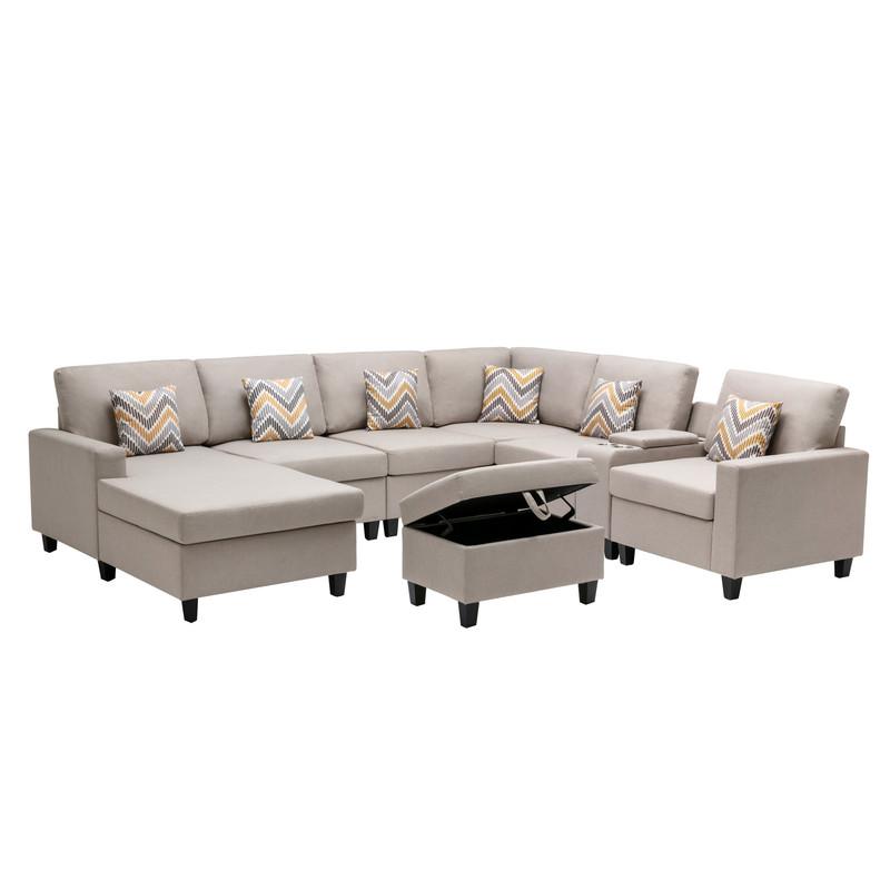 Nolan Beige Linen Fabric 8Pc Reversible Chaise Sectional Sofa with Interchangeable Legs and Pillows, Storage Ottoman, and a USB, Charging Ports, Cupholders, Storage Console Table. Picture 5